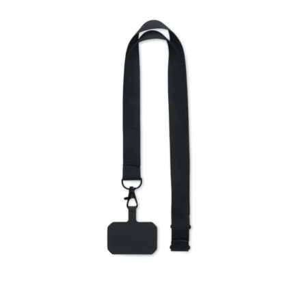 Ameste telefono laikiklis lanyard – gaminys iš poliesterio, išsiskiriantis praktišku naudojimu